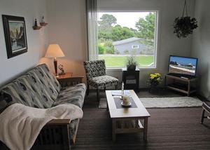 Bright studio living room with futon sofa and large window view